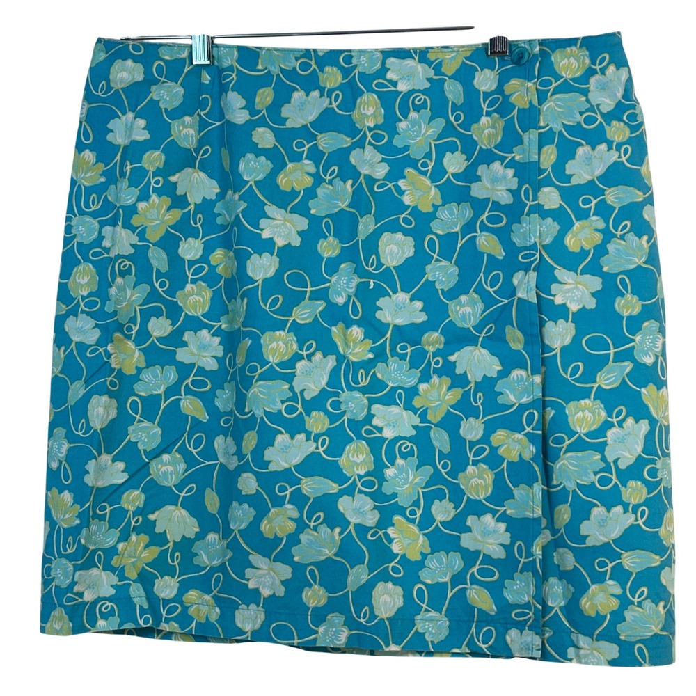 Talbots Blue Floral‎ Wrap Skirt Size 18 Cotton A Line Turquoise Yellow